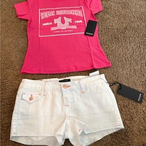 True Religion Pink Tee and White Shorts Set